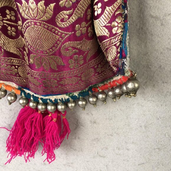 Consuela Bag Womens Blue Pink Drawstring Pouch Beaded Strap Tassel Boho Mirror - Picture 13 of 16